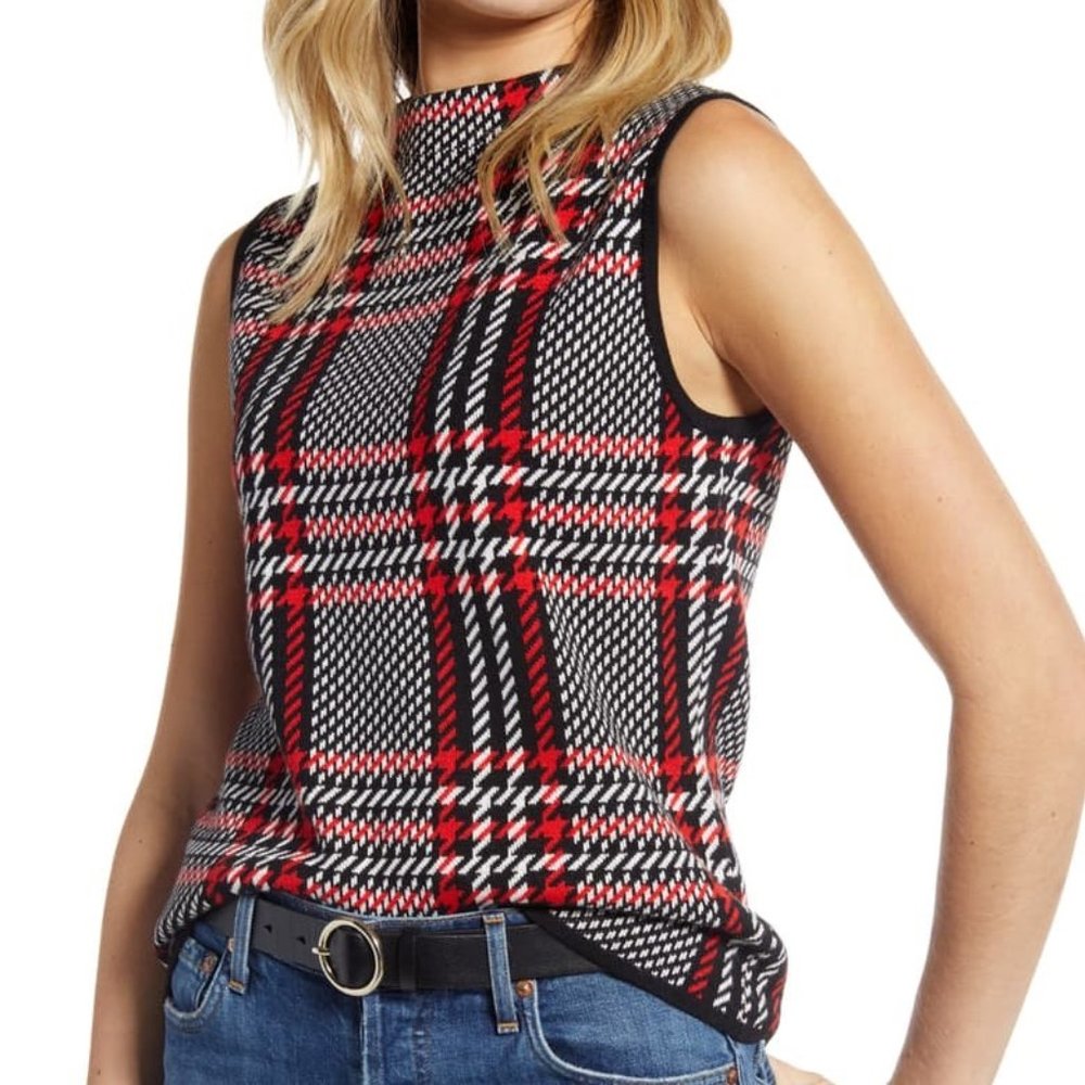 1901 Sleeveless Houndstooth  Plaid Sweater